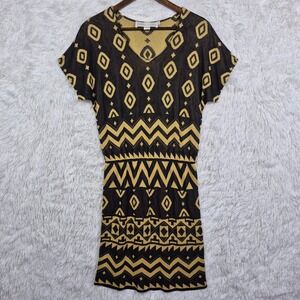 Vtg Brenda French Hand Loomed Knit Dress Black Gold Geometric Tribal Rayon Small